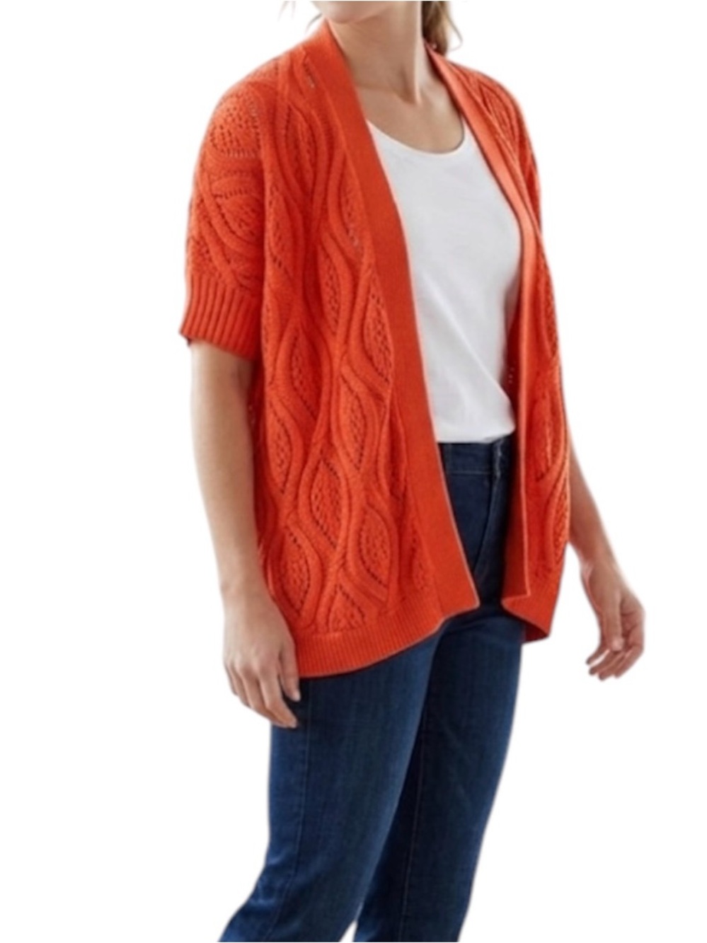 Ann Taylor Open Knit Orange Cardigan Oversized Short Sleeve Sweater XS Crochet